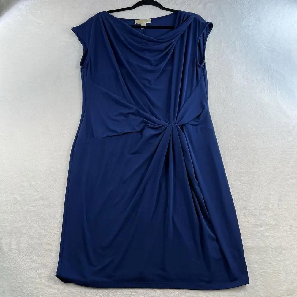 Michael Kors XL Ruched Pencil Dress Draped Flattering Blue Slinky Stretch Womens